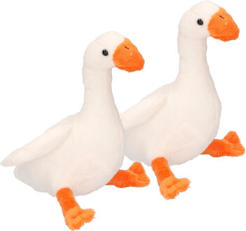 Pluche knuffel gans - 2x - wit - 18 cm - vogel