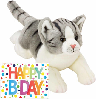 Pluche knuffel grijs/witte kat/poes 33 met A5-size Happy Birthday wenskaart - Knuffel huisdieren