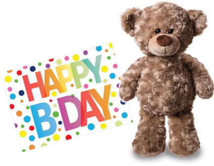 Pluche knuffel knuffelbeer 24 cm met A5-size Happy Birthday wenskaart - Knuffelberen Bruin