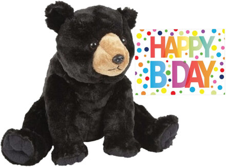 Pluche knuffel knuffelbeer 30 cm met A5-size Happy Birthday wenskaart - Knuffelberen Zwart