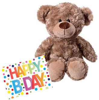 Pluche knuffel knuffelbeer 35 cm met A5-size Happy Birthday wenskaart - Knuffelberen Bruin