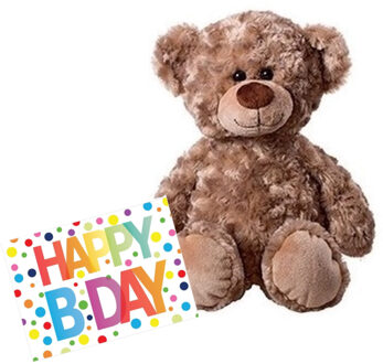 Pluche knuffel knuffelbeer 43 cm met A5-size Happy Birthday wenskaart - Knuffelberen Bruin