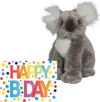 Pluche knuffel koala beer 18 cm met A5-size Happy Birthday wenskaart - Knuffeldier Grijs