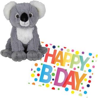 Pluche knuffel koala beer 19 cm met A5-size Happy Birthday wenskaart - Knuffeldier Multikleur