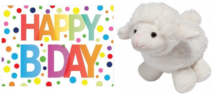 Pluche knuffel lammetje/schaap 16 cm met A5-size Happy Birthday wenskaart - Knuffel boederijdieren Wit