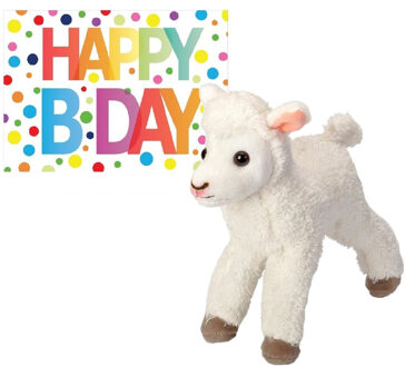 Pluche knuffel lammetje/schaap 20 cm met A5-size Happy Birthday wenskaart - Knuffel boederijdieren Wit