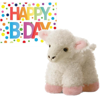 Pluche knuffel lammetje/schaap 20 cm met A5-size Happy Birthday wenskaart - Knuffel boederijdieren Wit