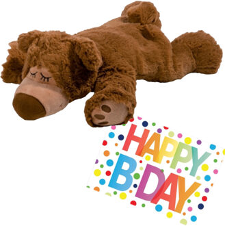 Pluche knuffel magnetron beer 32 cm met A5-size Happy Birthday wenskaart - Opwarmknuffels Bruin