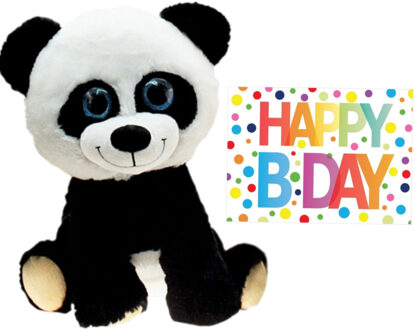 Pluche knuffel panda beer 40 cm met A5-size Happy Birthday wenskaart - Knuffeldier Zwart