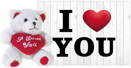 Pluche knuffel Valentijn I Love You beertje 10 cm met hartjes wenskaart - Knuffelberen Rood