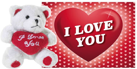 Pluche knuffel Valentijn I Love You beertje 20 cm met hartjes wenskaart - Knuffelberen Rood