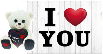 Pluche knuffel Valentijn I Love You beertje 25cm met hartjes wenskaart - Knuffelberen Wit