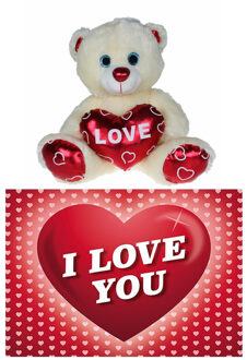 Pluche knuffelbeer 15 cm met wit/rood Valentijn Love hartje incl. hartjes wenskaart