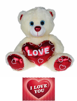 Pluche knuffelbeer 70 cm met wit/rood Valentijn Love hartje incl. hartjes wenskaart