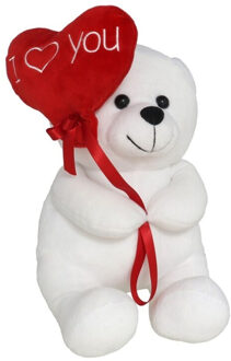 Pluche knuffelbeer met I Love hartje - wit/rood - 20 cm - Knuffelberen
