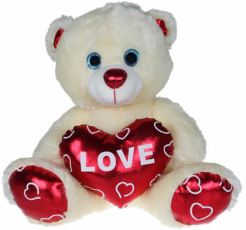 Pluche knuffelbeer met wit/rood Valentijn Love hartje 20 cm - Knuffelberen