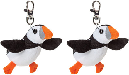 Pluche knuffeldier Papegaaiduiker vogel sleutelhanger - 2x - zwart/wit - 9 cm - clip sluiting