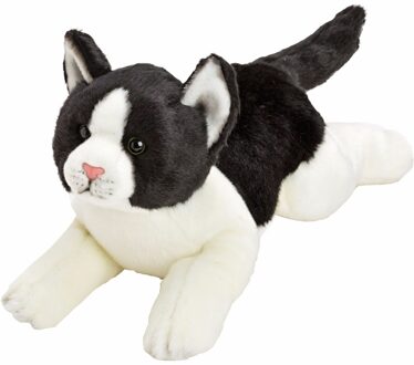 Pluche knuffeldier poes/kat - zwart/wit - liggend - 33 cm - huisdier knuffel