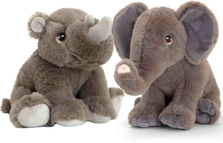 Pluche knuffels neushoorn en olifant safari vriendjes 25 cm - Knuffeldier Multikleur