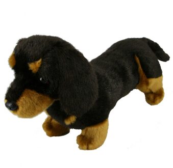 Pluche kortharige teckel knuffel hond - zwart/bruin - 42 cm