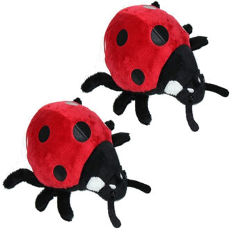 Pluche lieveheersbeestje knuffel - Set van 2x stuks - rood/zwart - 15 cm - Insecten dieren knuffels
