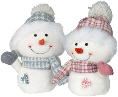 Pluche sneeuwpop knuffels - set 2x st - roze en blauw - 27 cm - Kerstman pop Wit