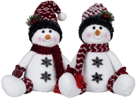 Pluche sneeuwpoppen knuffels - set 2x st - 36 cm - zittend - Kerstman pop Wit