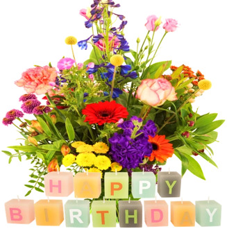 Plukboeket bont + happy birthday kaarsen