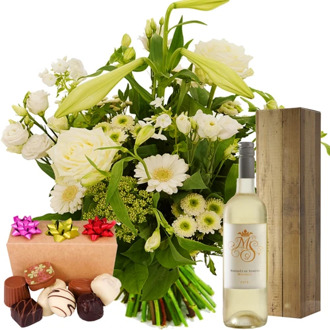 Plukboeket wit + witte wijn + chocolade