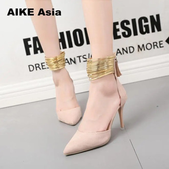 Plus 34-42 Size Sexy High Heels Shoes Women Pumps Bright Ankle Strap Shoes Wedding Party Flock Zip Gold Pointed Toe Gladiator