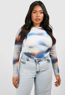 Plus Abstract Marble Mesh Long Sleeve Top, Blue - 28