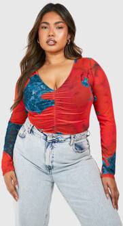 Plus Abstract Mesh One Piece Met Lange Mouwen, Red - 54