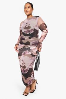 Plus Abstracte Print Mesh Uitlopende Mouw Midaxi Jurk, Mauve - 56