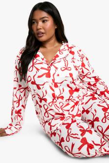 Plus All Over Bow Print Jersey Broek Pyjama Set, Pink - 46