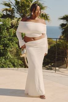 Plus Bardot Gekreukelde Top Met Lange Mouwen, White - 54