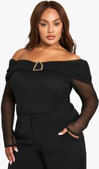 Plus Bardot Top Met Goudaccent En Gerimpelde Bovenkant, Black - 54