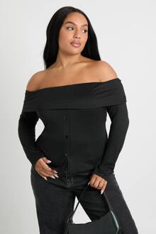 Plus Bardot Top Met Knoopsluiting En Lange Mouwen, Black - 44