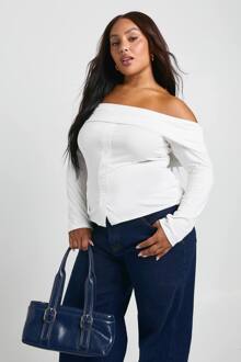 Plus Bardot Top Met Knoopsluiting En Lange Mouwen, White - 46