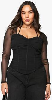 Plus Bengaline Corset Top Met Mesh Mouwen, Black - 48