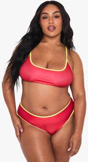 Plus Bikini Set Met Contrasterende Afwerking En Hoge Taille, Red - 52
