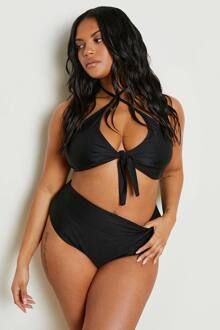 Plus Bikini Set Met Tie-Front En Hoge Taille, Black - 56