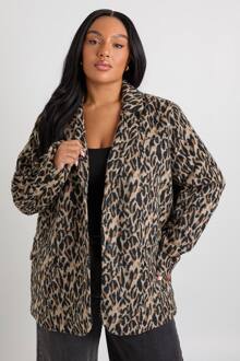 Plus Blazer Met Leopardprint, Schoudervulling-Detail En Wol-Look Blazer, Brown - 44