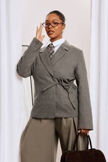 Plus Blazer Met Stropdasdetail En Wollen Look, Taupe - 46