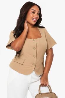 Plus Blazer Met Vierkante Hals, Getailleerde Taille En Korte Mouwen, Taupe - 56