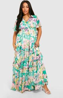 Plus Bloemen Maxi Jurk Met Engelenmouwen, Green - 44