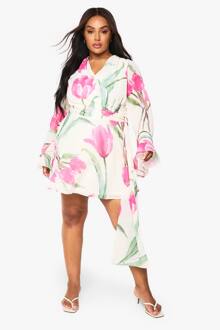 Plus Bloemenprint Chiffon Mini Jurk Met Uitlopende Mouwen, Ivory - 56