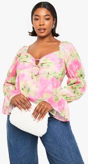 Plus Bloeus Met Strikdetail Aan De Voorkant In Florale Chiffon, Pink - 44