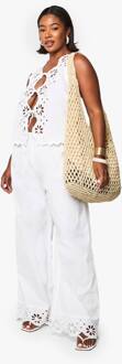 Plus Broderie Trim Gilet En Broek Co-Ord, White - 46