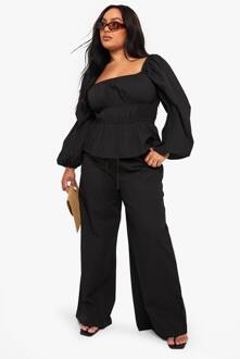 Plus Broek Met Trekkoord Taille In Popeline Met Wijde Pijpen, Black - 52