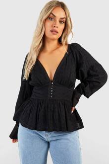 Plus Button Down Broderie Smock Top, Black - 52